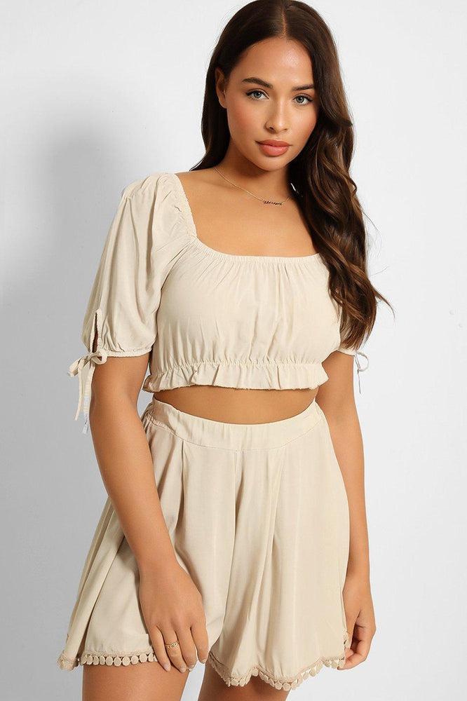 Puff Sleeve Crop Top And Pleated Shorts Set-SinglePrice