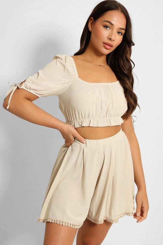 Puff Sleeve Crop Top And Pleated Shorts Set-SinglePrice