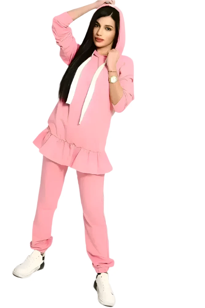 Pink Frilled Hem Hoodie Tracksuit-SinglePrice