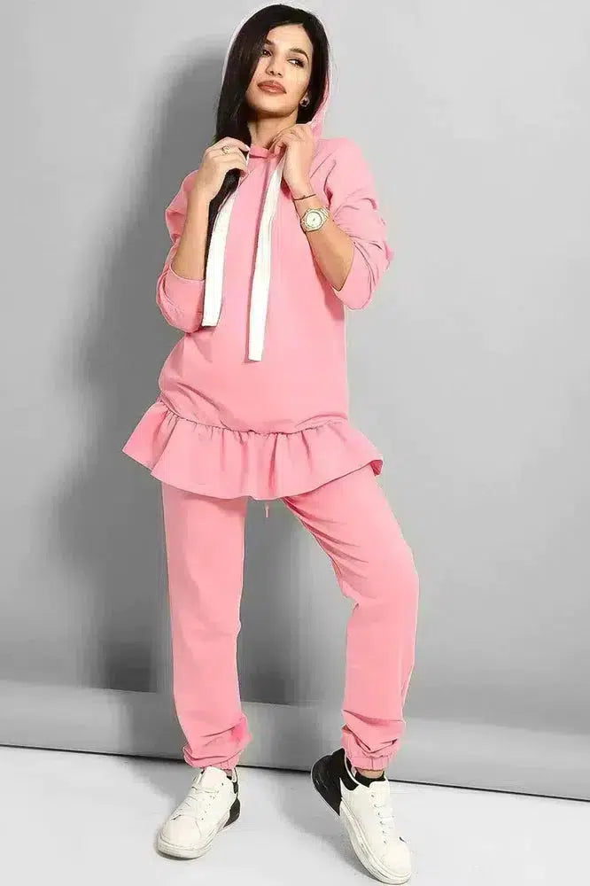 Pink Frilled Hem Hoodie Tracksuit-SinglePrice