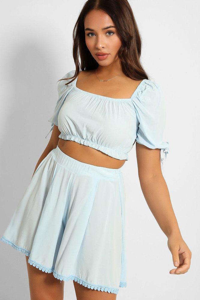 Puff Sleeve Crop Top And Pleated Shorts Set-SinglePrice