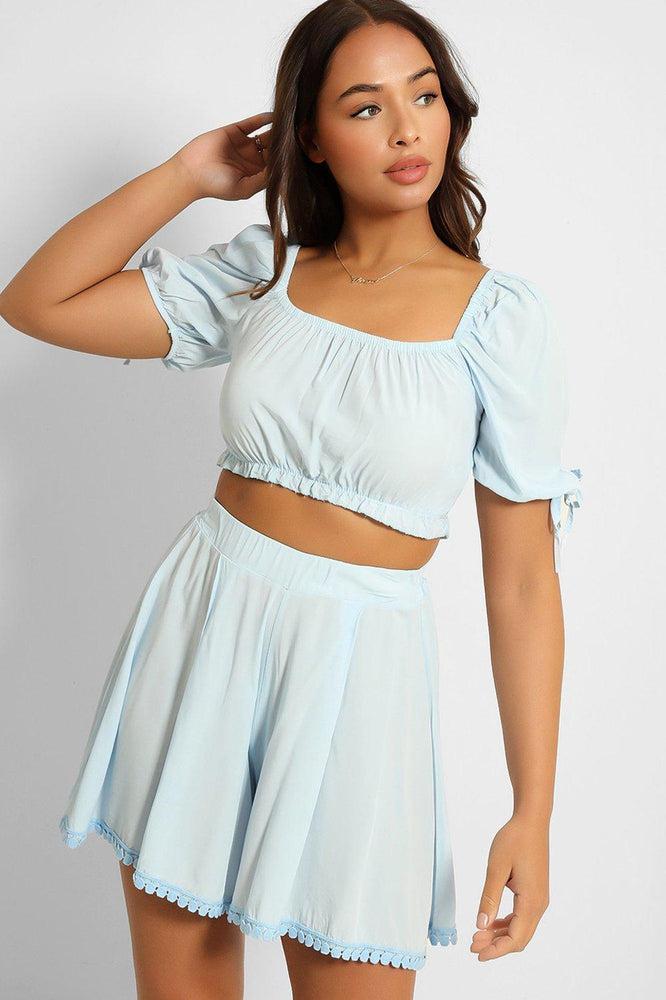 Puff Sleeve Crop Top And Pleated Shorts Set-SinglePrice