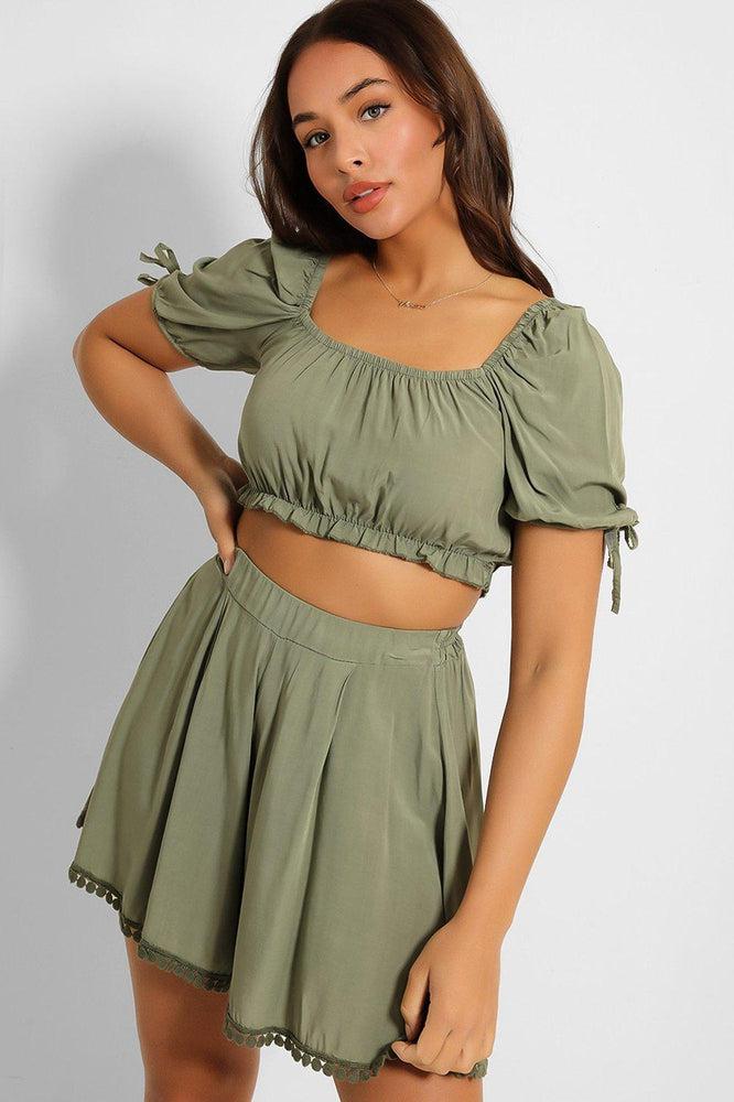 Puff Sleeve Crop Top And Pleated Shorts Set-SinglePrice