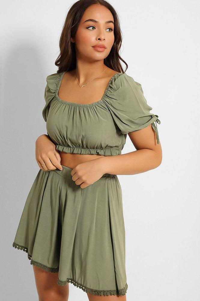 Puff Sleeve Crop Top And Pleated Shorts Set-SinglePrice