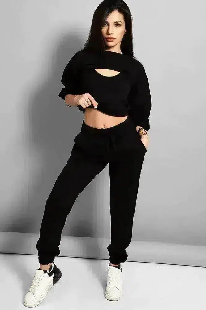 Black Cropped Top 3 Piece Tracksuit-SinglePrice