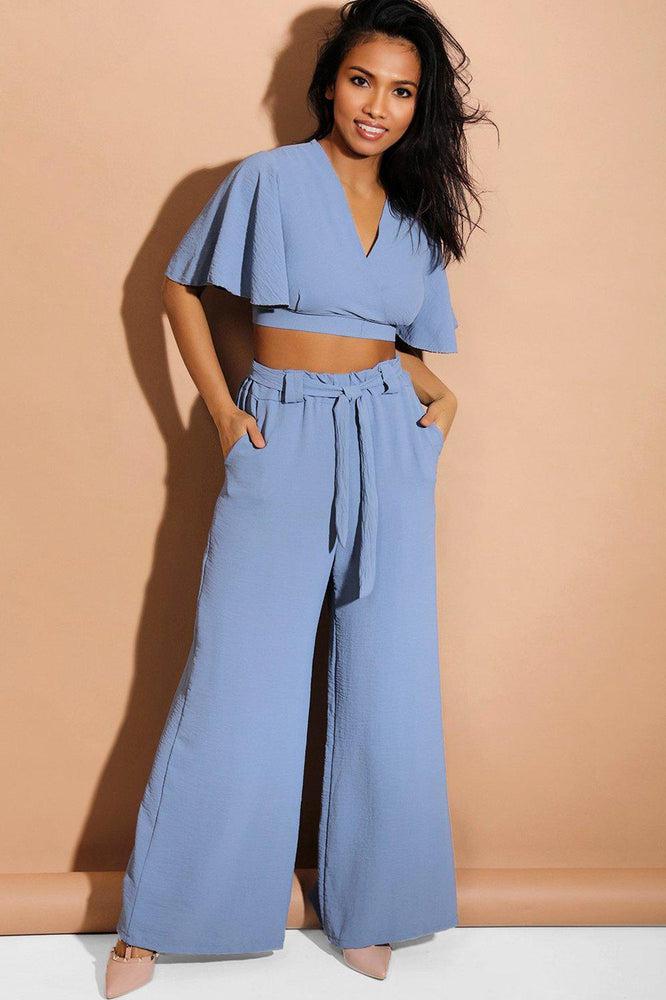 Blue Back Tie Crop Top And Palazzo Trousers Set-SinglePrice