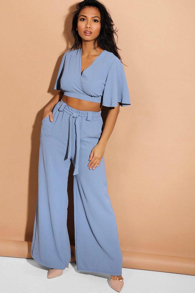 Blue Back Tie Crop Top And Palazzo Trousers Set-SinglePrice