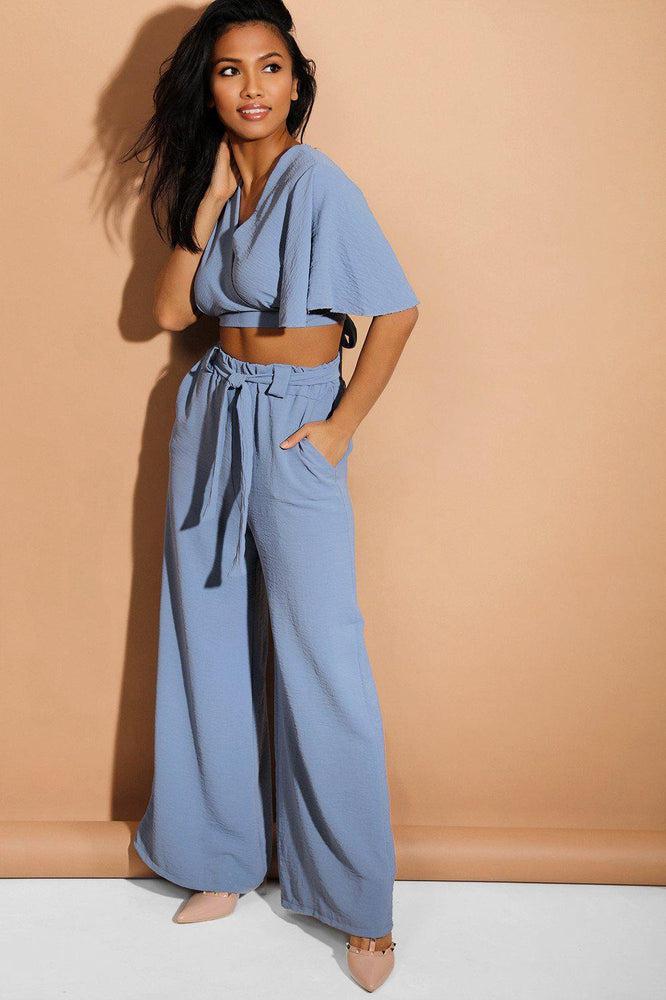 Blue Back Tie Crop Top And Palazzo Trousers Set-SinglePrice