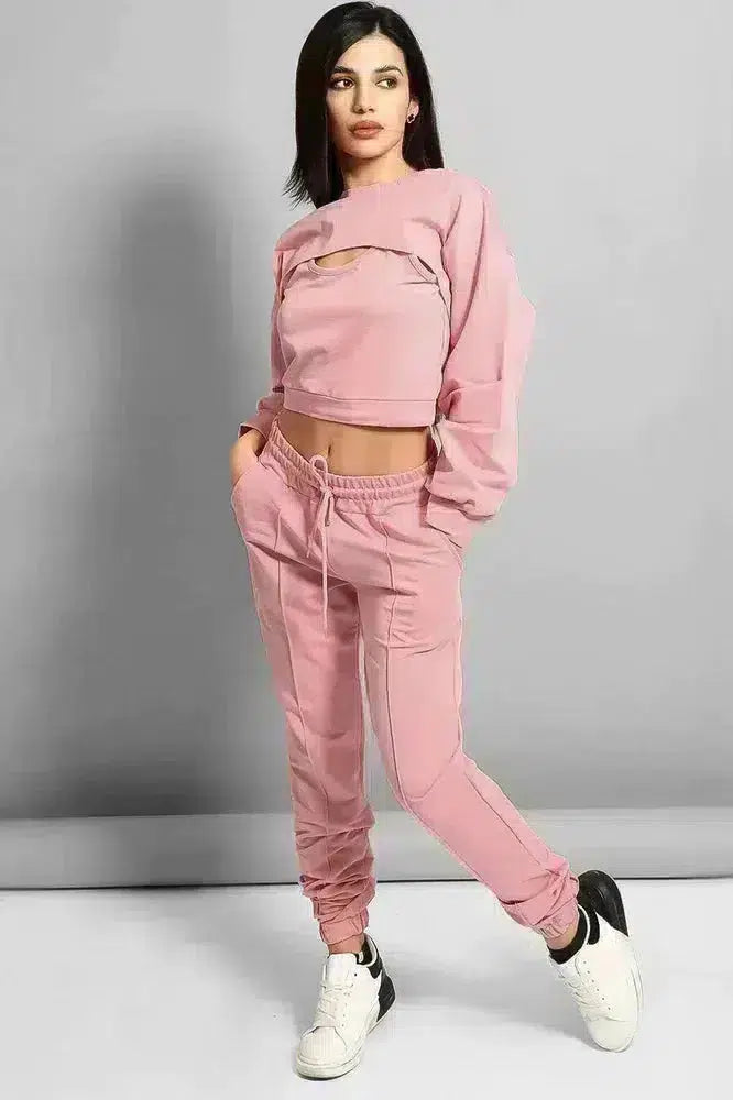 Dusty Pink Cropped Top 3 Piece Tracksuit-SinglePrice