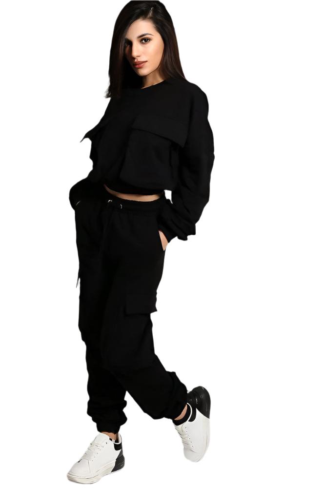 Black Exaggerated Front Pockets Cropped Top Tracksuit-SinglePrice