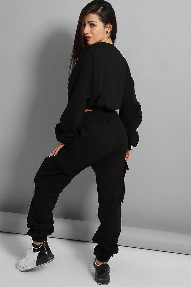 Black Exaggerated Front Pockets Cropped Top Tracksuit-SinglePrice