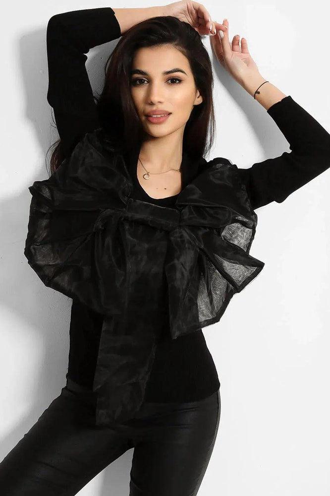 All Black Large Organza Bow Rib Knit Pullover-SinglePrice