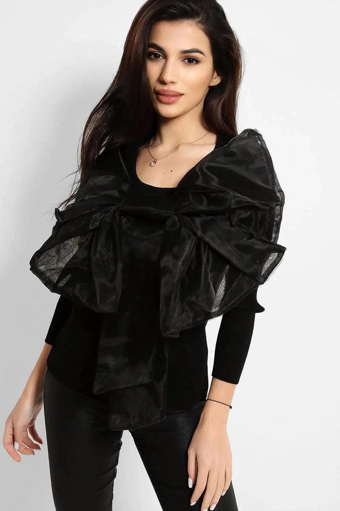 All Black Large Organza Bow Rib Knit Pullover-SinglePrice