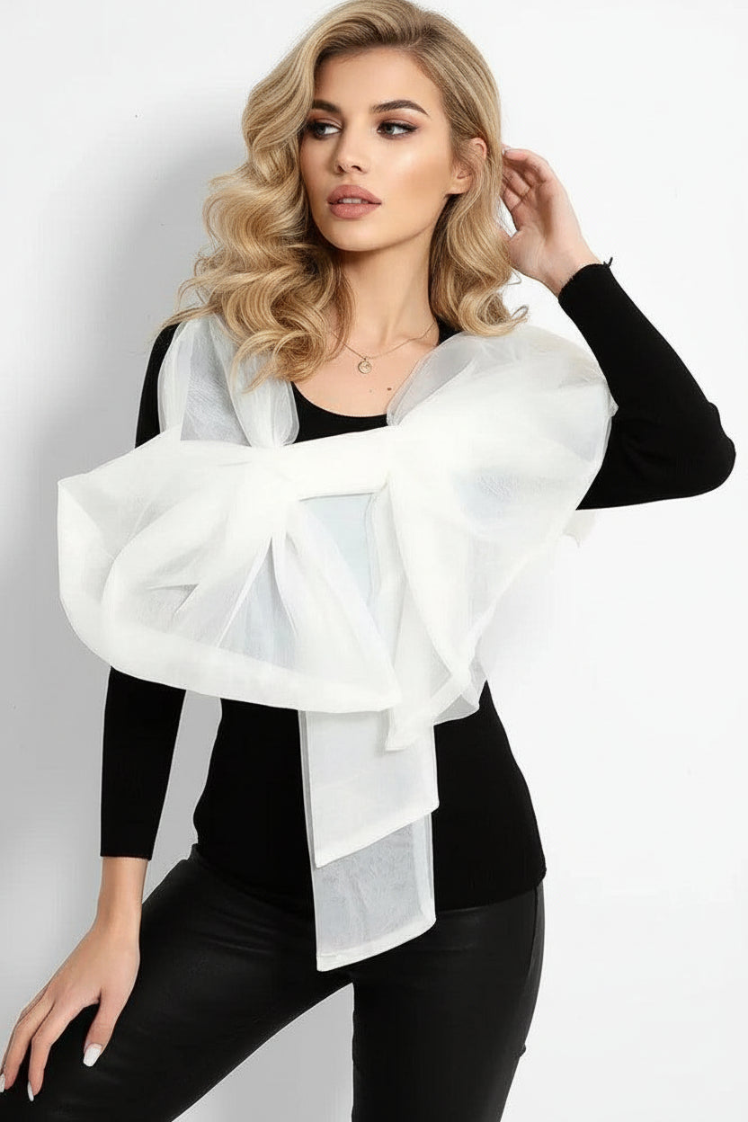 Black White Large Organza Bow Rib Knit Pullover-SinglePrice