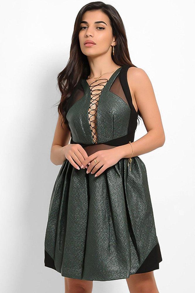 Shimmer Green Laced Deep Plunge Structured Dress-SinglePrice