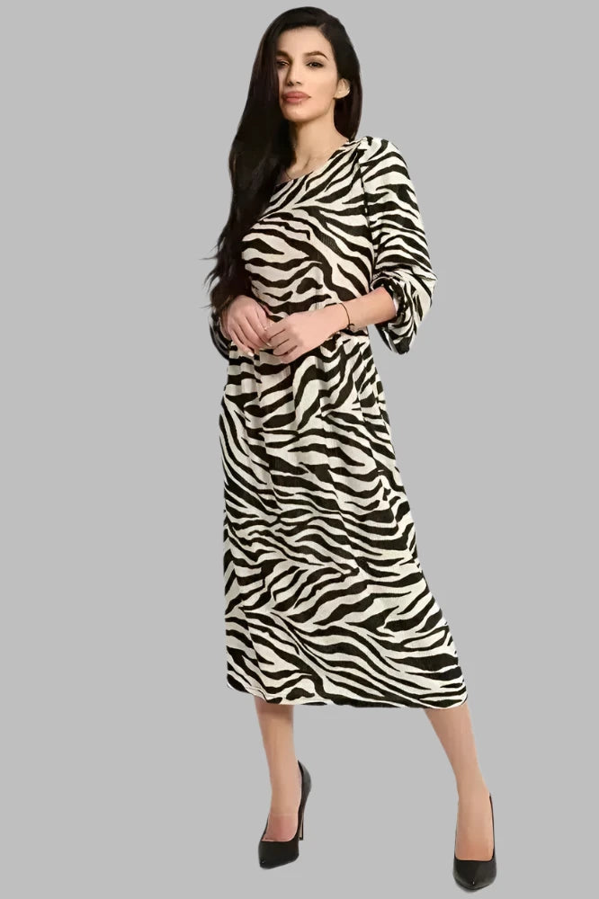 Beige Black Zebra Print Pleated Balloon Sleeves Midi Dress-SinglePrice