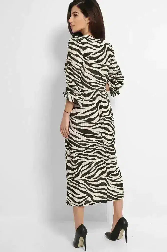 Beige Black Zebra Print Pleated Balloon Sleeves Midi Dress-SinglePrice