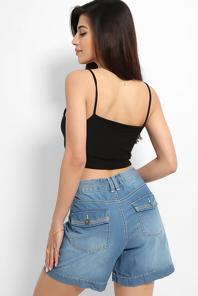 Blue Thin Denim Drawstring Waist Shorts-SinglePrice