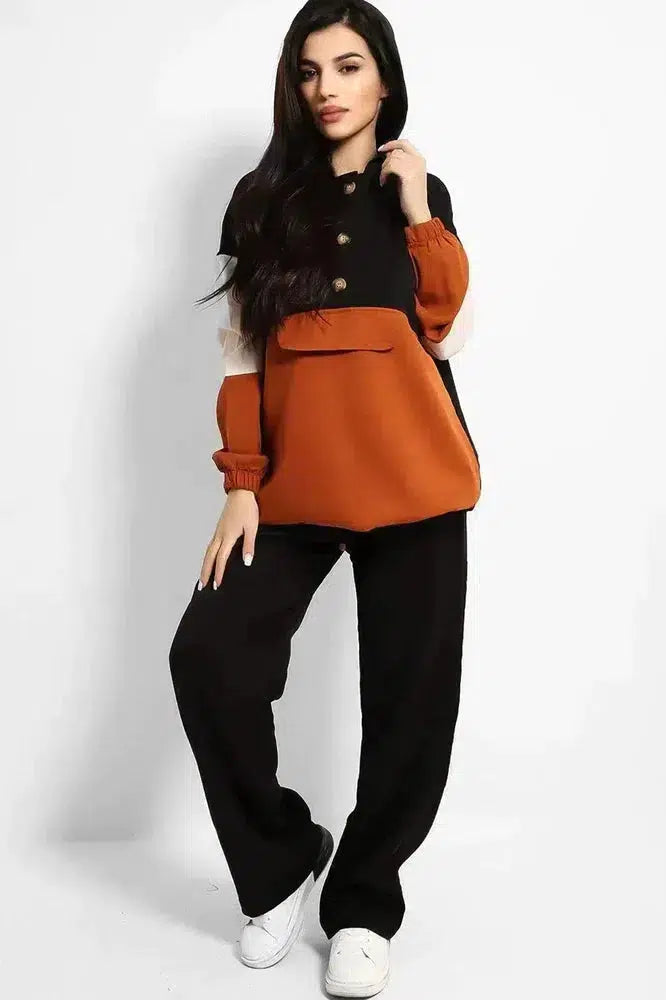 Brown Black Colourblock Longline Sweatshirt And Wide Leg Trousers Modest Set-SinglePrice