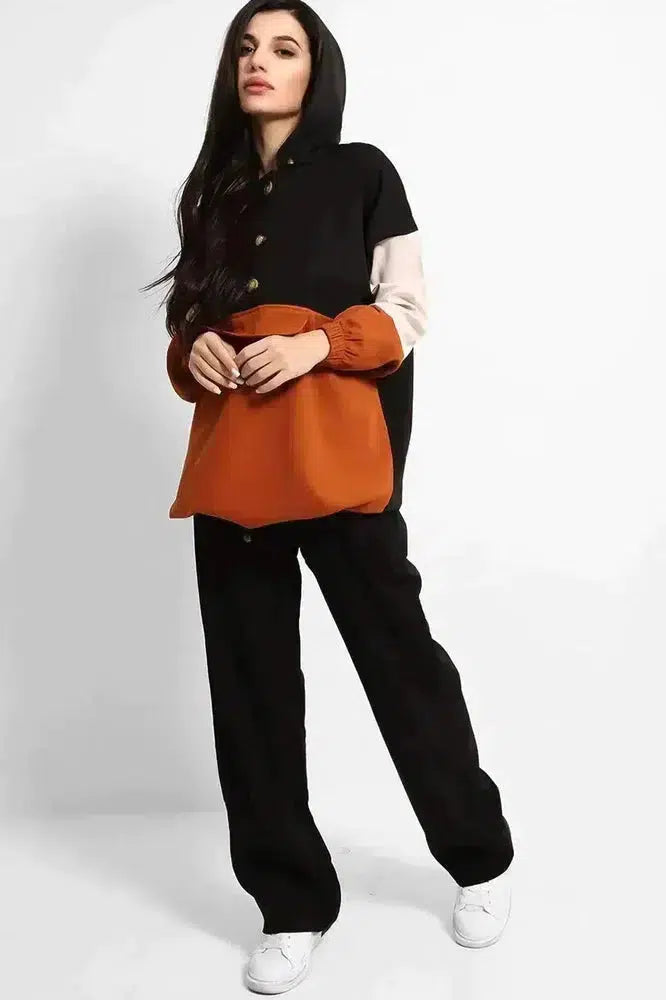 Brown Black Colourblock Longline Sweatshirt And Wide Leg Trousers Modest Set-SinglePrice