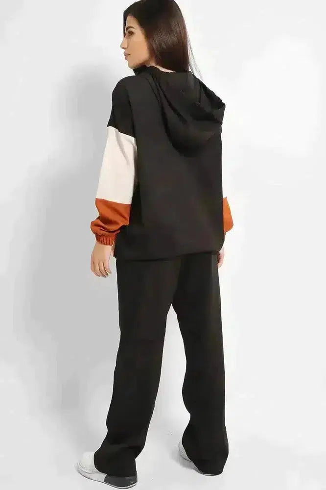 Brown Black Colourblock Longline Sweatshirt And Wide Leg Trousers Modest Set-SinglePrice