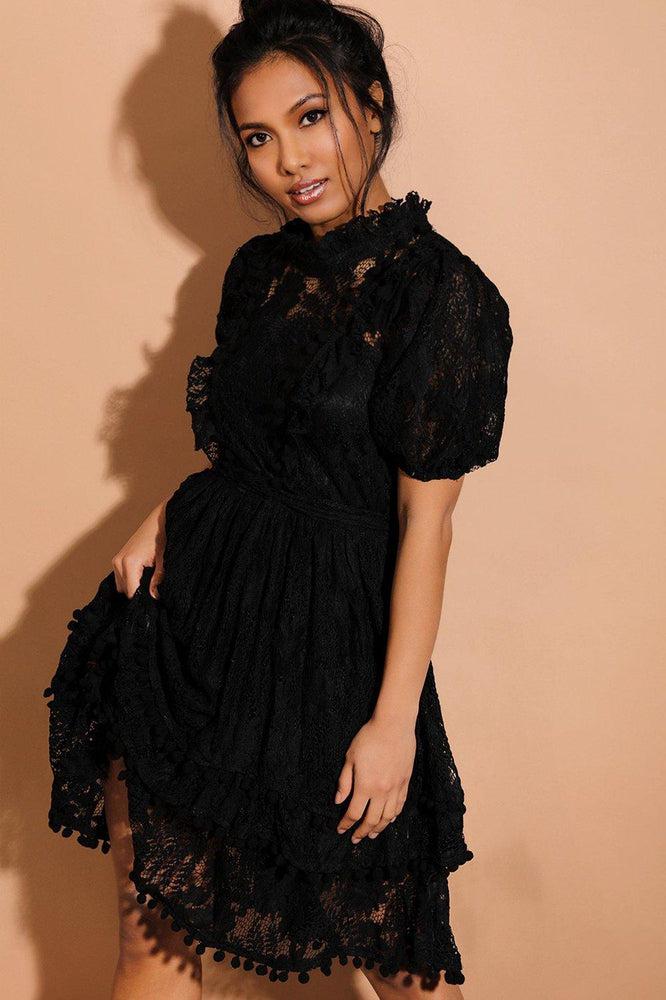 Black Pom Pom Trims Layered Delicate Lace Dress-SinglePrice
