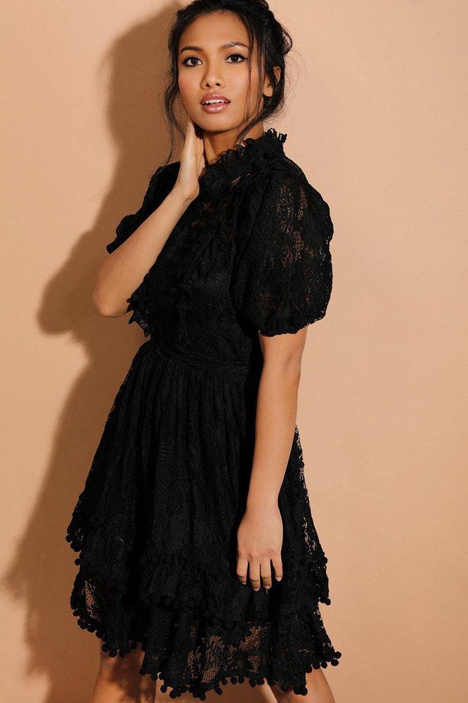 Black Pom Pom Trims Layered Delicate Lace Dress-SinglePrice