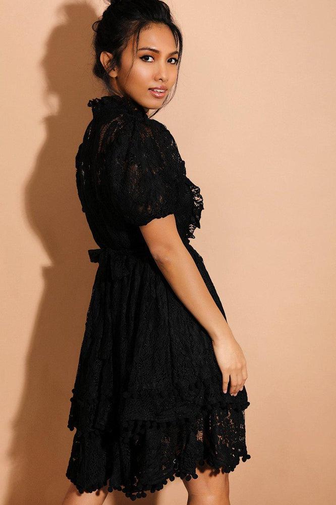 Black Pom Pom Trims Layered Delicate Lace Dress-SinglePrice
