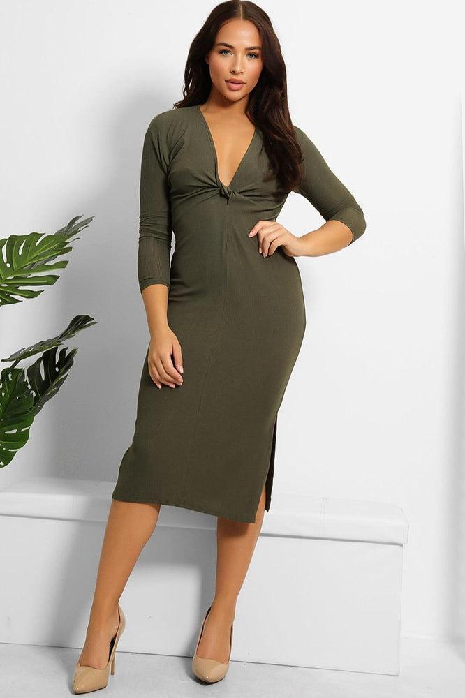 Khaki Ribbed Jersey Twist Front Midi Dress-SinglePrice