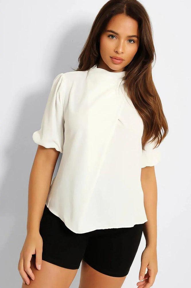 White High Neck Front Pleat Top-SinglePrice