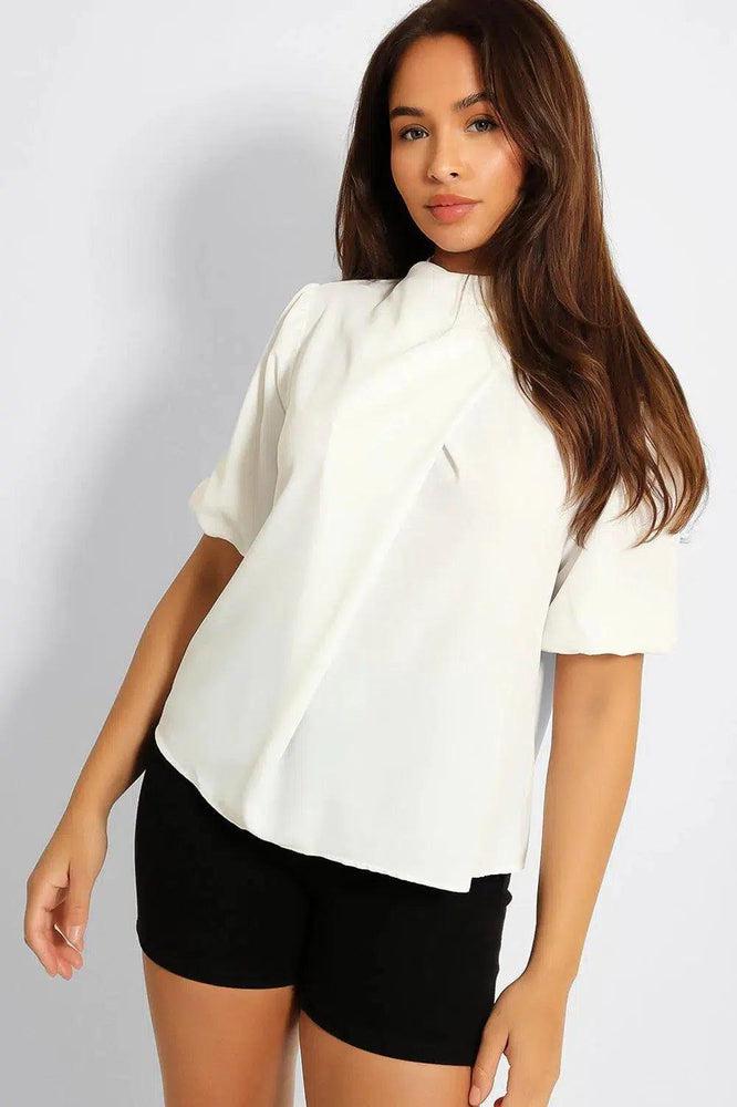 White High Neck Front Pleat Top-SinglePrice