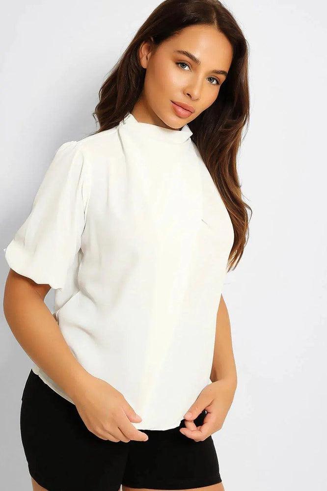 White High Neck Front Pleat Top-SinglePrice