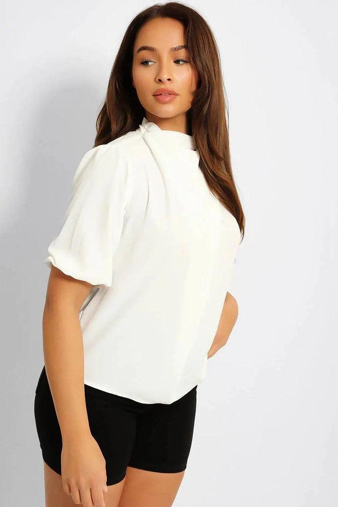 White High Neck Front Pleat Top-SinglePrice