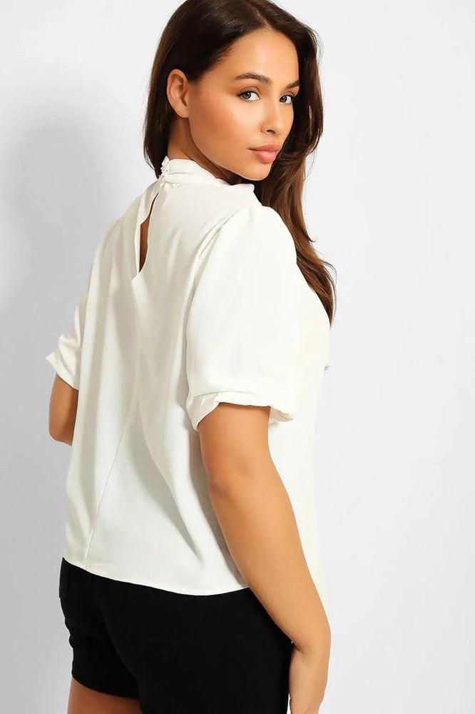 White High Neck Front Pleat Top-SinglePrice