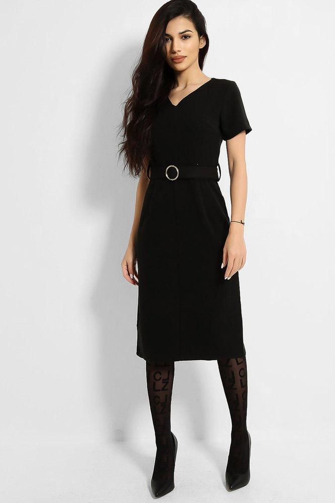 Black O-Ring Belt V-Neck Midi Dress-SinglePrice