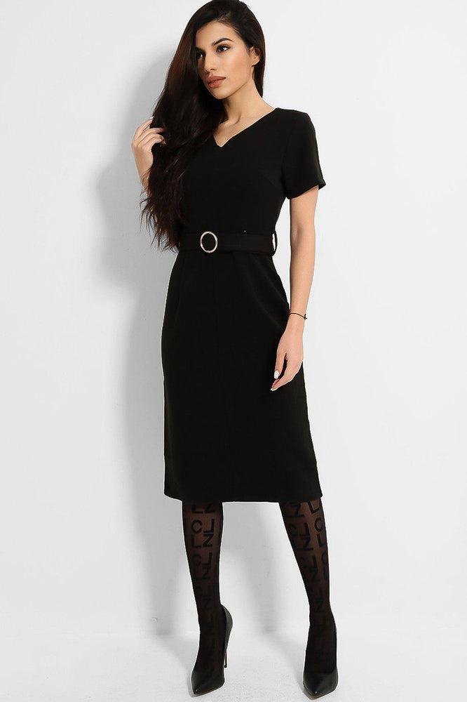 Black O-Ring Belt V-Neck Midi Dress-SinglePrice