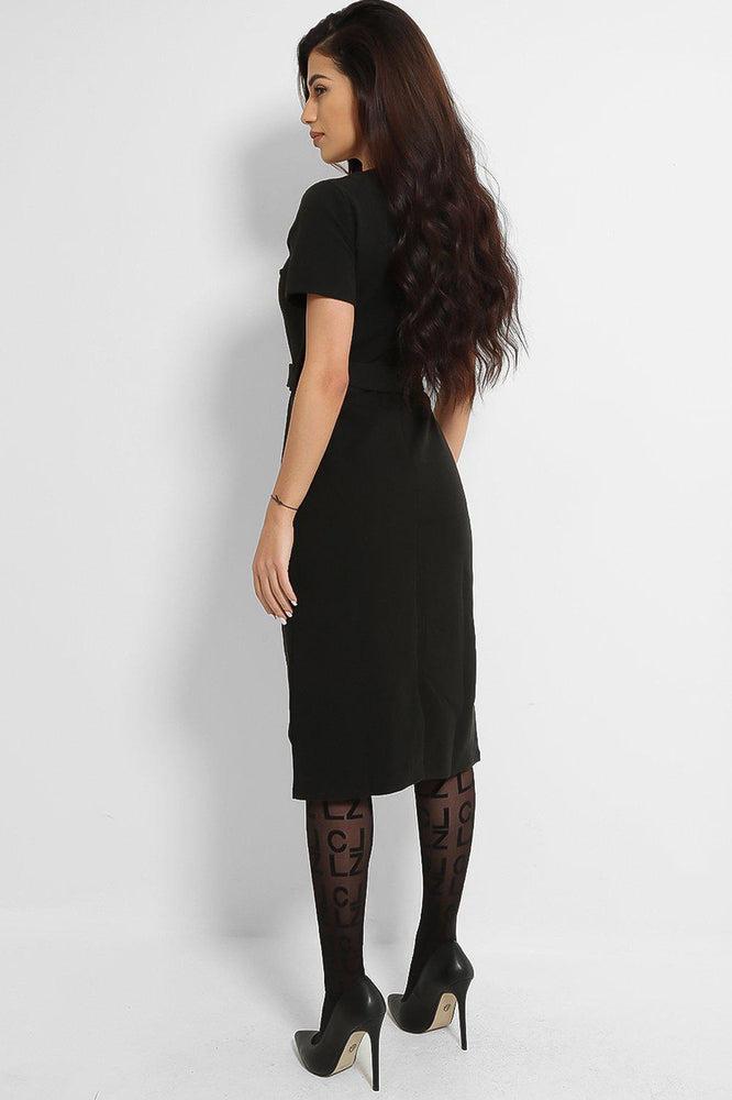 Black O-Ring Belt V-Neck Midi Dress-SinglePrice