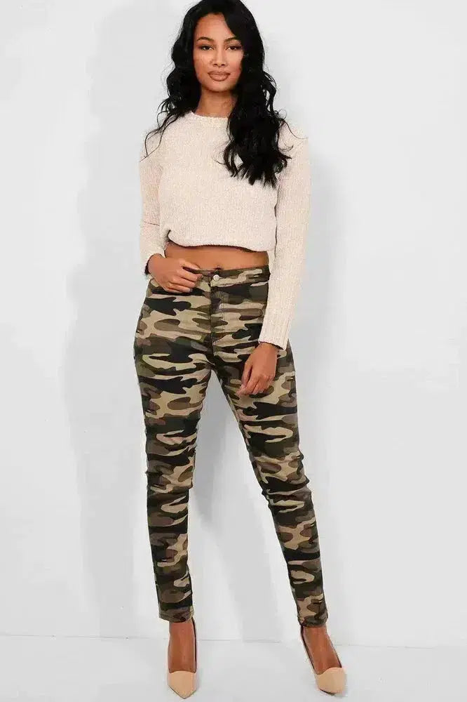 Camouflage Plain Front High Waist Jeans-SinglePrice
