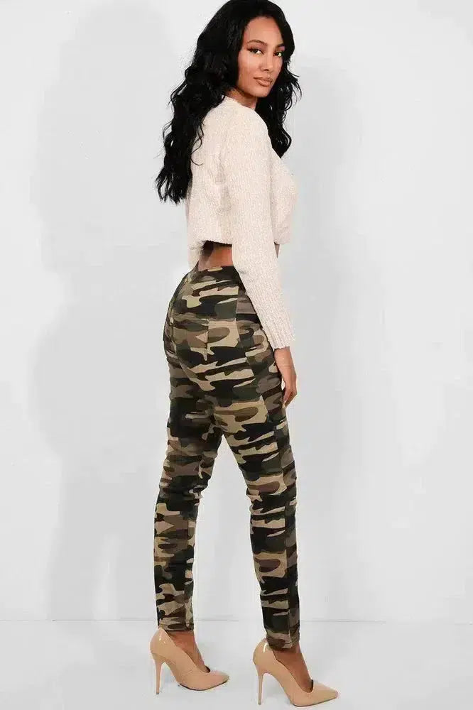 Camouflage Plain Front High Waist Jeans-SinglePrice