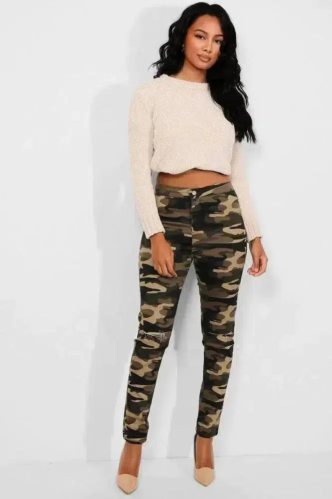 Camouflage Slash Knee Plain Front High Waist Jeans-SinglePrice