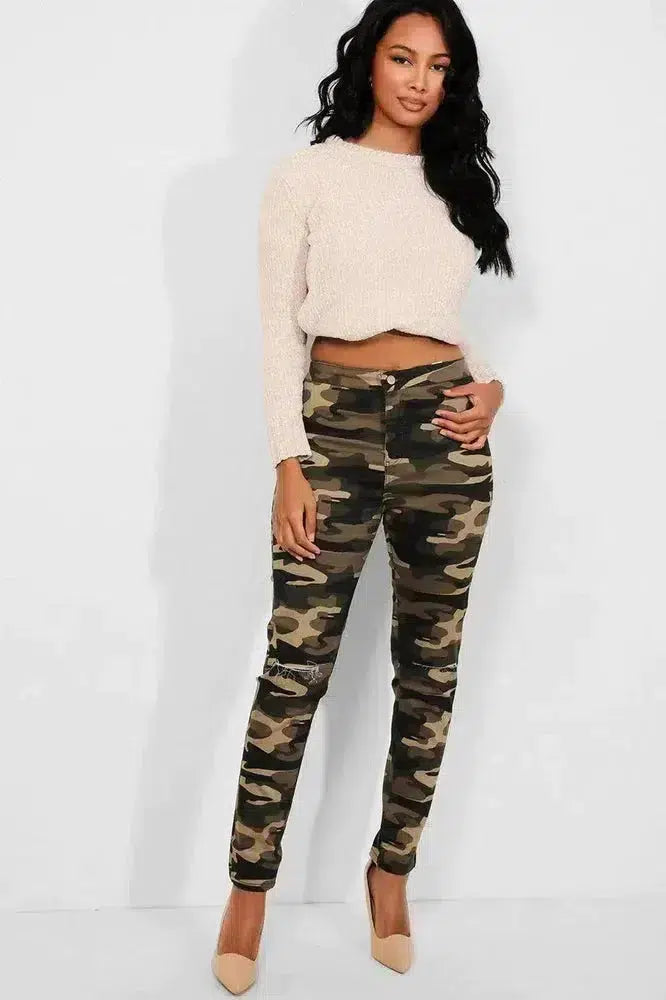 Camouflage Slash Knee Plain Front High Waist Jeans-SinglePrice