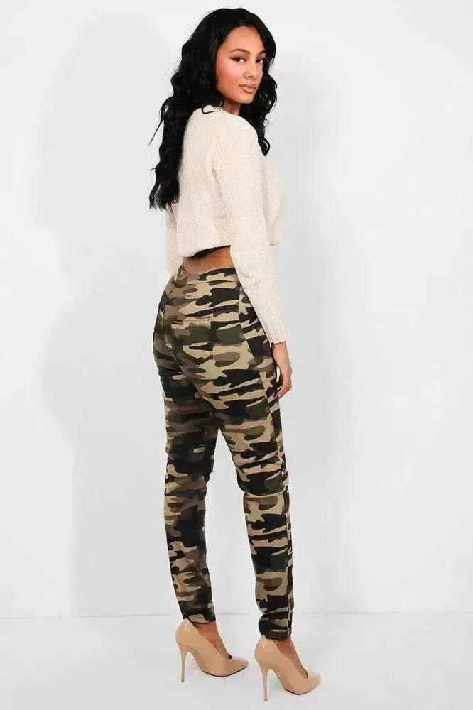 Camouflage Slash Knee Plain Front High Waist Jeans-SinglePrice