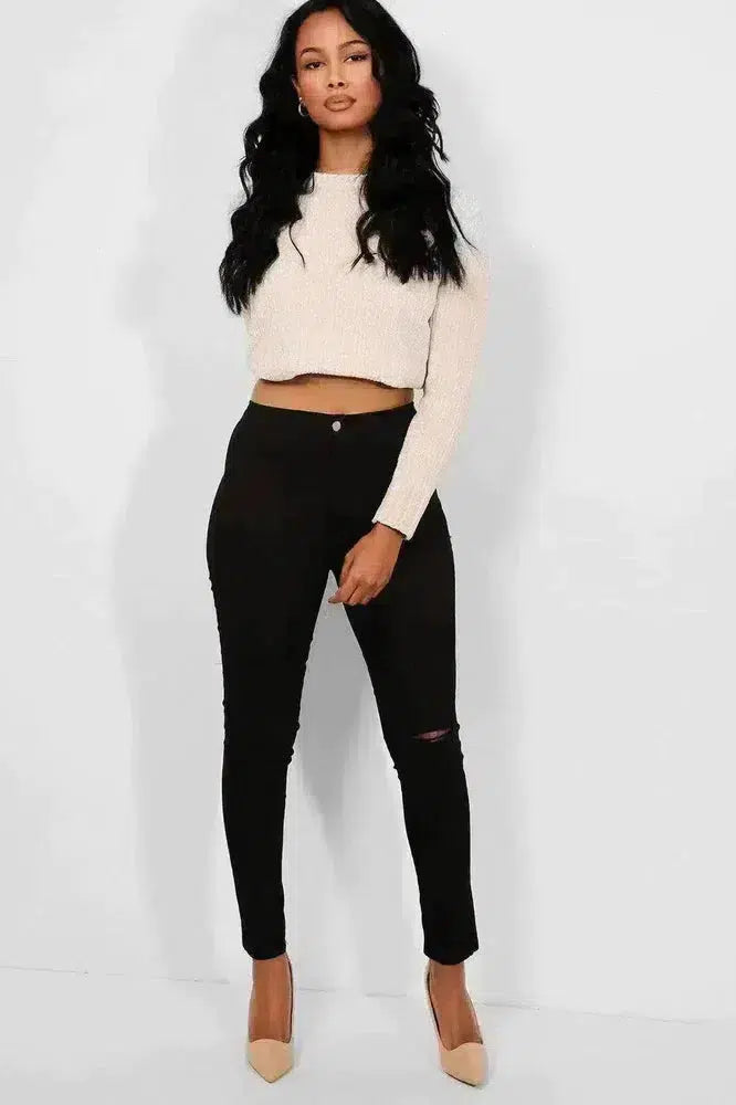 Black Slash Knee Plain Front High Waist Jeans-SinglePrice