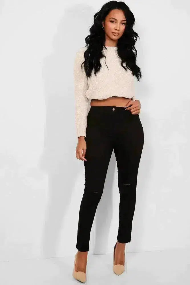 Black Slash Knee Plain Front High Waist Jeans-SinglePrice