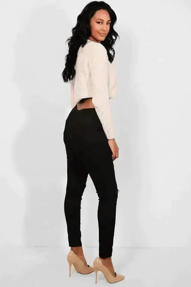 Black Slash Knee Plain Front High Waist Jeans-SinglePrice