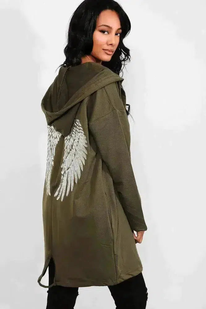 Khaki Hooded Sequinned Wings Open Cardigan-SinglePrice