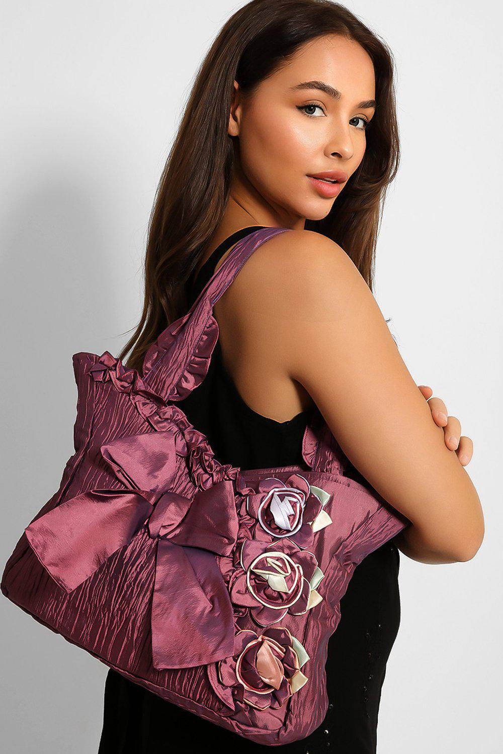 Crushed Satin Flower Appliqué Handbag-SinglePrice