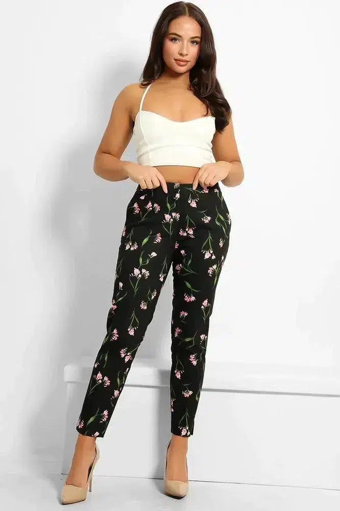 Black Floral Print Smart Trousers-SinglePrice