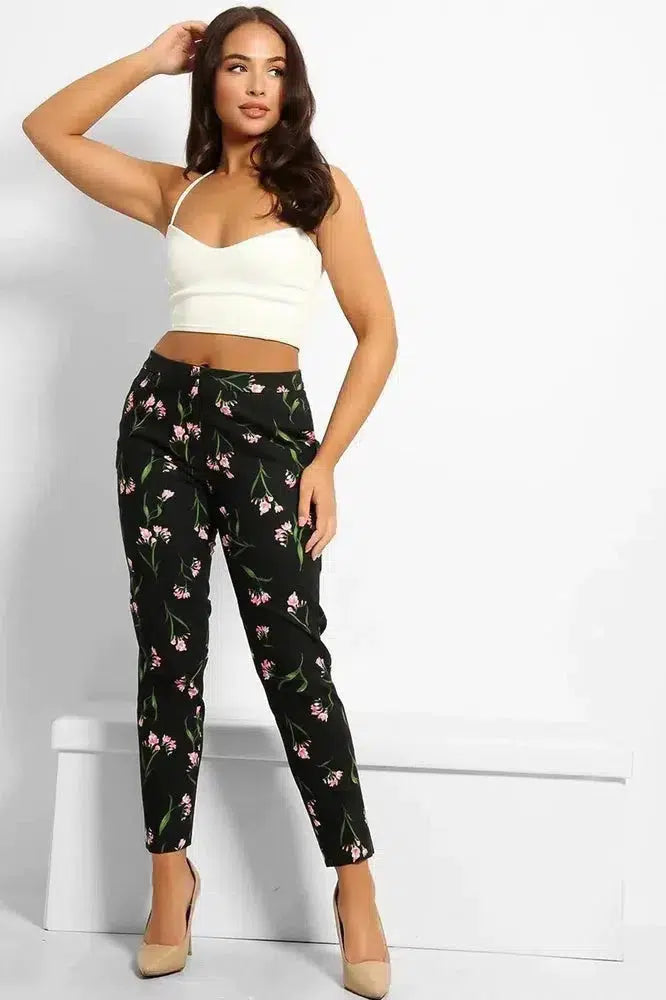 Black Floral Print Smart Trousers-SinglePrice