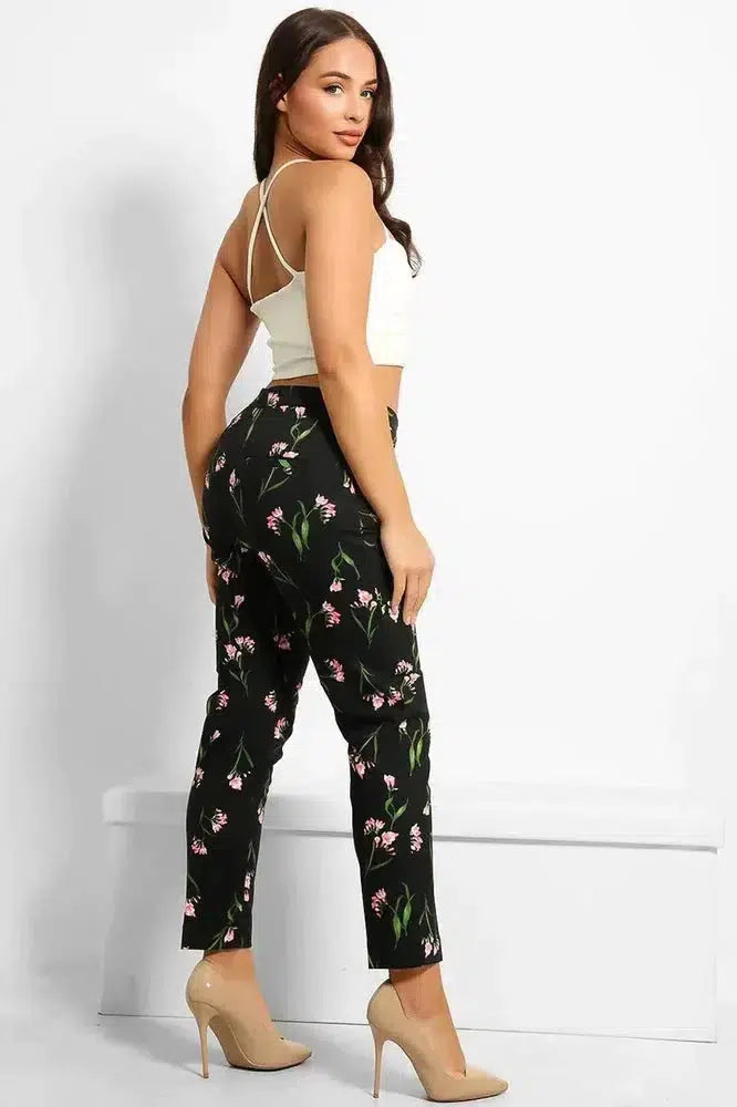Black Floral Print Smart Trousers-SinglePrice